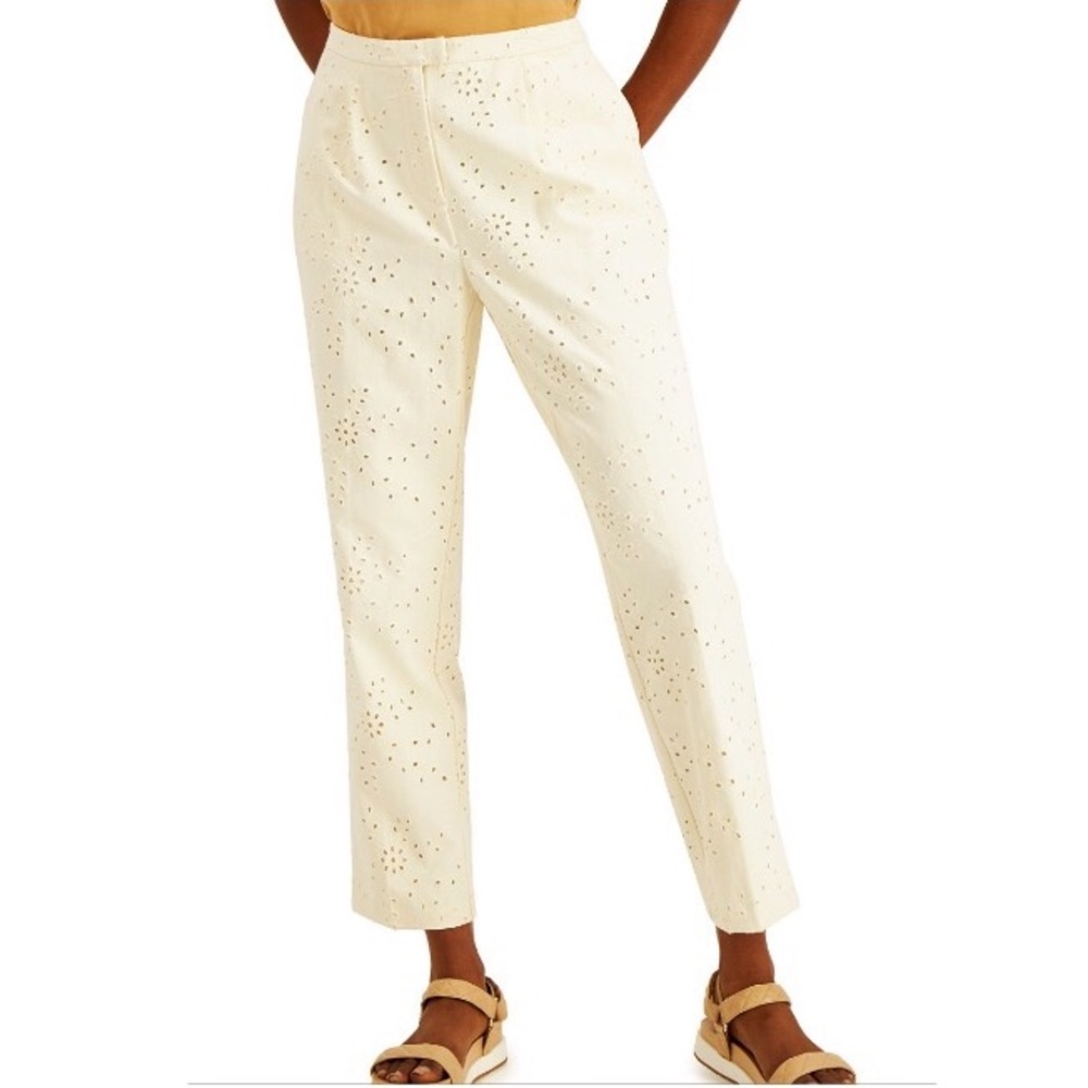 Alfani Cream Straight Leg Eyelet Pants